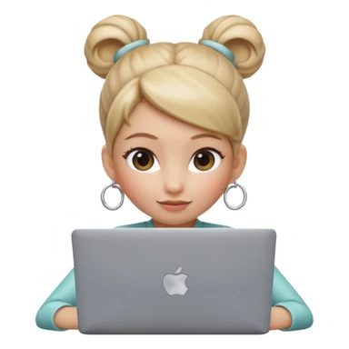 3D Apple Memoji–style emoji, female character with high bun and hoop earrings, peeking over a silver laptop, soft lighting, smooth plastic texture, transparent PNG, 4K. sticker