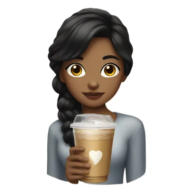 portrait of a girl with black hair with an iced coffee  sticker