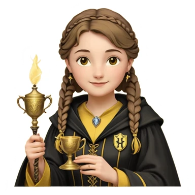 Helga Hufflepuff,the Hogwarts founder of Hufflepuff,brown-haired,2braids,yellow-black medieval dress with black cloak decorated with gold braiding,flickering magic wand and tiny two-handled shiny gold cup engraved with the badger silhouette,very kind smile,curvy busty sweet sticker