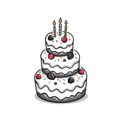 Decorated cake with multiple layers, frosting, and decorative elements. Using specific pastel colors (dd9fb0, ffc6d3, a3bfc9, c4bee2, f1b091). Hand-drawn doodle style with intricate details of icing, sprinkles, and possibly candles or berries. Transparent background. sticker