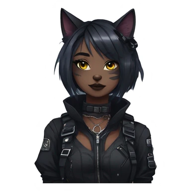 Gorgeous gothic dark techwear cyberpunk anime style sona anthro cat, aesthetic, and pretty edgy black with collar and harness, trending style sticker