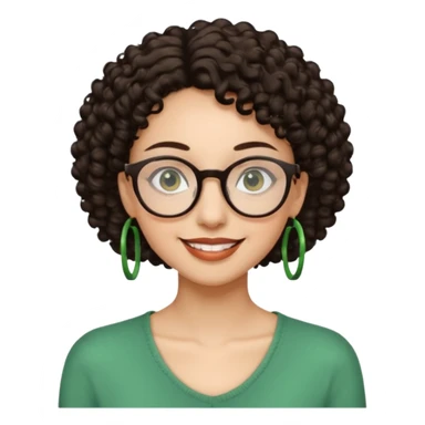 Slim, very slender woman with light skin, short dark curly hair, large brown eyes, black round glasses, big green earrings, thin arms and narrow shoulders, warm wide smile, friendly and intelligent expression. sticker