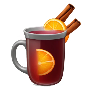 A Christmas mug of hot mulled wine, steaming with a cinnamon outside and an orange slice next to it sticker