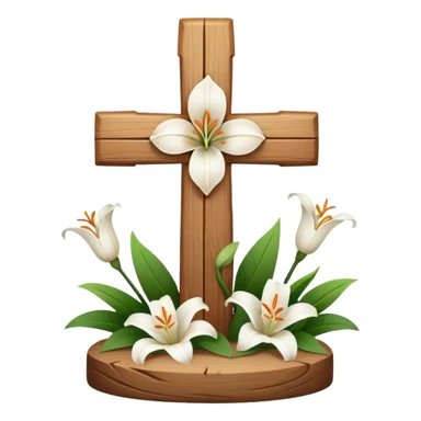 A wooden cross with lilies around the base sticker