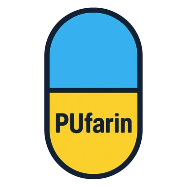PUfarin stylized as a pharmaceutical pill or medication, clean and modern icon style sticker