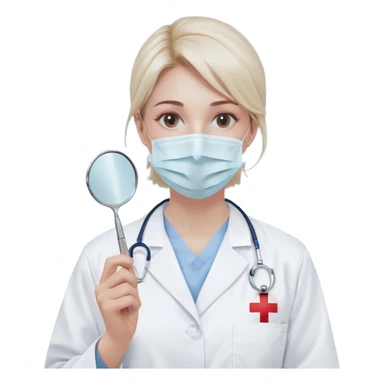 A minimalistic bust of a dentist wearing a white medical coat over a light blue scrub top. A simple white surgical mask covers the lower half of the face, leaving expressive yet simplified eyes visible. A small red cross emblem is subtly placed on the coat. The dentist holds a tiny, minimalistic dental mirror or tool in one hand. Behind the figure, a subtle abstract symbol, like a tooth icon or a heartbeat line, reinforces the dental theme. The design is sleek and modern, with smooth lines and soft shading, following a minimalist emoji style. sticker