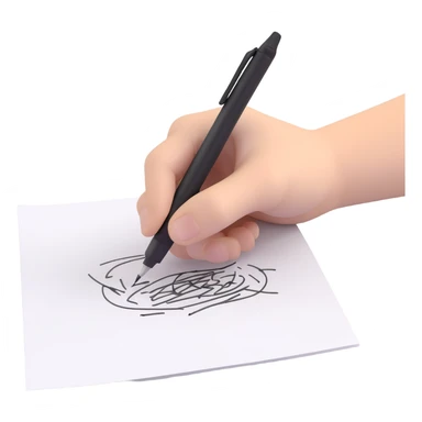 A hand holding a pen, aggressively scribbling on a piece of paper. The pen is clearly visible. The paper is filled with random black scribbles, so dense that most of it looks nearly black sticker