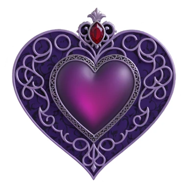 gothic heart, deep purple satin, ornate silver filigree, black lace trim, faint purple glow, with a blood red teardrop gem sticker