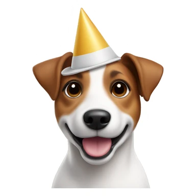 3D dog Jack Russell with white and brown coloring. Like Memoji on iphone. And with a Happy birthday hat sticker
