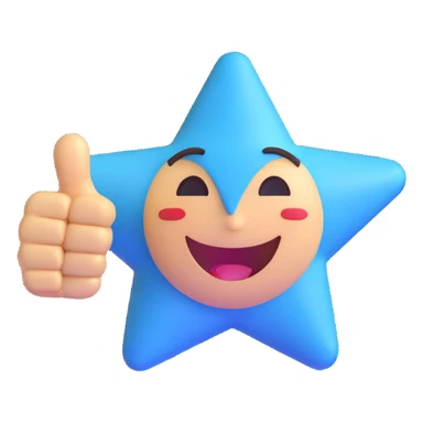 Change the star to blue while keeping the smiling face, winking eyes, right hand welcoming gesture, and left hand thumbs up. Maintain the 3D emoji style with no background (transparent). sticker