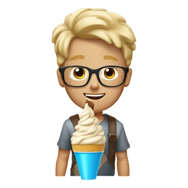 Blond boy with glasses eating chocolate soft serve ice cream where the ice cream is brown and there’s no cone and there are fly sprinkles  sticker