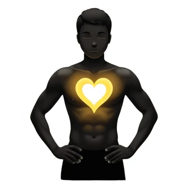 minimalist b&w male silhouette with flowing black-and-white curves across the lower body, now overlaid with a small, softly glowing spark or radiant light near the chest or head — heart symbolizing inspiration, inner fire, and creative energy awakening” yellow glow sticker