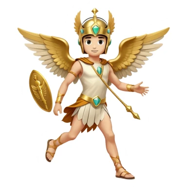 Generate an emoji-style depiction of Hermes, the Greek god of speed, travel, and communication. He should have a youthful face with a playful, clever expression. Include his signature winged helmet and winged sandals. He can hold a caduceus—a staff with two intertwined snakes and wings at the top. His outfit should be a simple tunic, preferably short to suggest agility. The color scheme should be gold, white, and light blue to emphasize his divine and swift nature. Make the overall style sleek and dynamic, as if he’s in motion or ready to dash away sticker