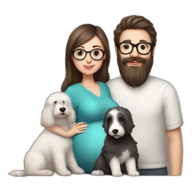 Hyperrealist pregnant girl with half long brown hair with glasses, a boy with long beard, glasses and short hair and english sheepdog sticker
