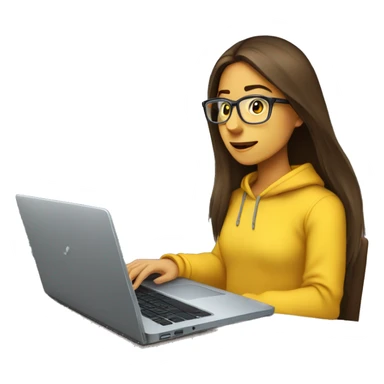 female coder with apple laptop in front of her, very long straight brown hair, brown eyes, facing the right side looking at the laptop, yellow sweatshirt,  glasses sticker