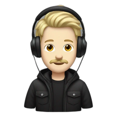 YOUNG WHITE MAN BLONDE HAIR AND MUSTACHE USING A BLACK JACKET AND A HEADPHONE WITH A NEUTRAL FACE sticker