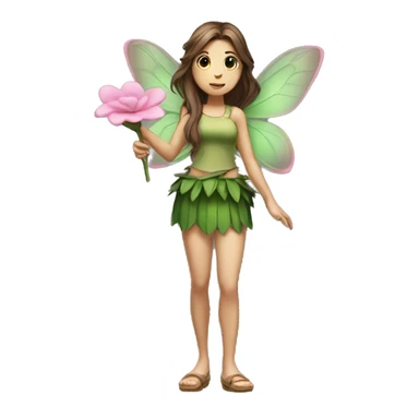 A full body of a fairy with green top and mini skirt she have a good shape of body and a long brown hair with pink flower beside her eating  sticker
