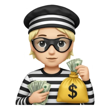 Realistic ios emoji-style portrait of a classic burglar, a black eye mask and a black-and-white striped shirt. emoji-like hair, black hat, a bag of money 💰 with a dollar sign in a right corner, mean expression  sticker