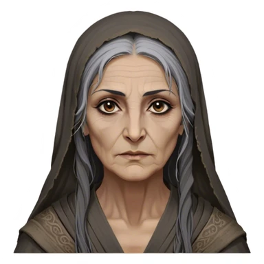 Mirri Maz Duur is a weathered, age 60 Lhazareen woman with deep-set dark eyes, high cheekbones, and a sharp nose, giving her a stern, knowing expression. Her long, unkempt dark hair streaked with gray falls loosely over her shoulders, and her earth-toned, tattered robes mark her as a humble healer. Despite her frail appearance, she exudes an aura of mystery and menace, her hands stained with herbs and blood from both healing and dark sorcery. sticker