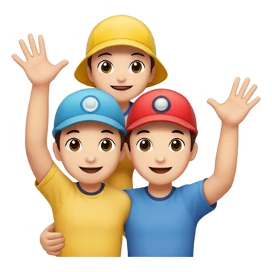 Three Pokémon characters working together as friends — bright, cheerful, and playful. They are helping each other: one is lifting another up, another is offering a hand, and they are all smiling. The style is colorful, cute, and cartoon-like, with a joyful background. sticker