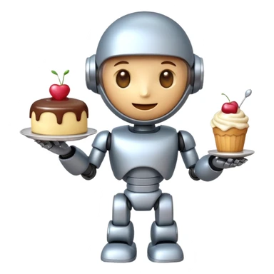 The cute robot is holding dessert in its hands, 3d emoji sticker