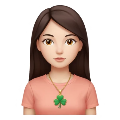 woman with long straight dark brown or black hair parted in the middle, smooth light complexion, almond-shaped eyes, full lips with pinkish coral tint, wearing white fitted tee and gold four-leaf clover necklace, calm neutral expression, soft neutral gaze at camera sticker