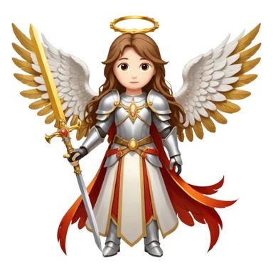  The angel has long brown hair surrounded by a golden halo and large white-and-orange feathered wings, wearing ornate silver armor with gold accents and a red sash. In its right hand it grips a white sword upright, while its left hand rests near the hilt of another weapon at its sid  sticker