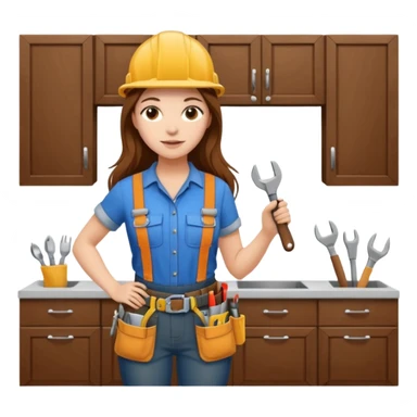 beautiful girl with long brown hair constructing new kitchen cabinets sticker