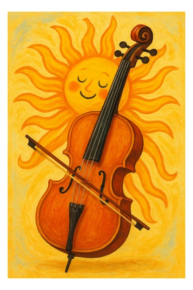 A whimsical fusion of a violoncello and a bright summer sun, with cello body morphing into sun rays, cheerful and imaginative. sticker