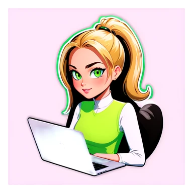 Blonde woman ponytail green eyes with cat and MacBook sticker