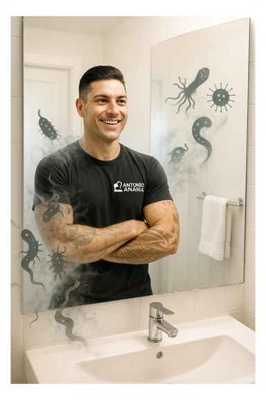 a man stands, looking relieved and revitalized as he examines his reflection in the mirror. In the foreground, stylized, shadowy images of parasites (such as worms or protozoa) are shown leaving his body, dissolving into mist or fading away. His posture is upright and his expression is one of newfound energy and health. sticker