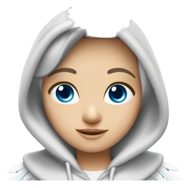 Caucasian dark haired female Angel with blue eyes and dimples wearing a hoodie with wings and a halo over her head sticker