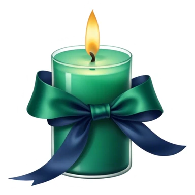 A charmingly arranged composition of a glass candle in a rich emerald shade, placed next to a carefully folded navy blue ribbon. sticker
