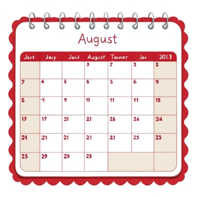 a monthly calendar labeled “August,” with rounded square date boxes, scalloped border frame, playful red doodle lines, and a cozy planner vibe. Minimal kawaii style, flat pastel color palette, slightly imperfect sketch lines, centered object, no background sticker