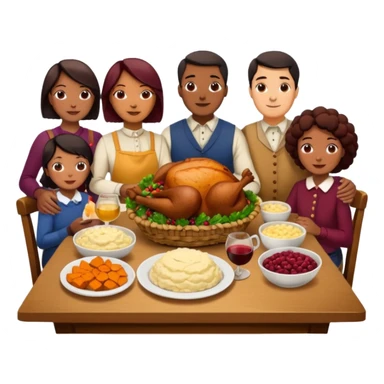 Thanksgiving Dinner with 10 people of different skin color around the table; have the food be a cooked turkey, mashed potatoes, corn, a basket of biscuits, a small bowl of cranberry sauce, baked yams, steamed vegetables, and a bottle of wine. sticker