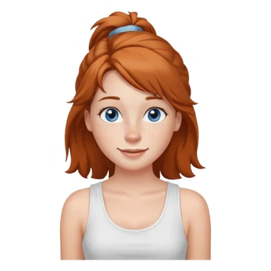 Una chica de tez blanca con pecas, nariz respingada, labios gruesos, ojos grandes color azul grisáceo, pelo largo, lacio, color avellana. Con una blusa de tirantes blanca. Que este sonriendo y q solo se vea de la cintura hacía arriba sticker