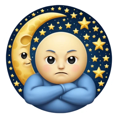grumpy moon with arms crossed and stars orbiting sticker