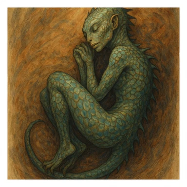 a Reptilian alien woman, full body, sleeping, unique artistic style, detailed, imaginative sticker
