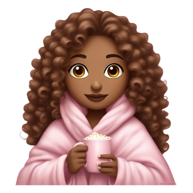 Light skin girl  with brown curly hair under our pink blanket,make her look like a young  make it so you can see the curly hairsipping hot cocoa with marshmallows, cuddled around the blanket, long curly hair, long, medium lashes sticker
