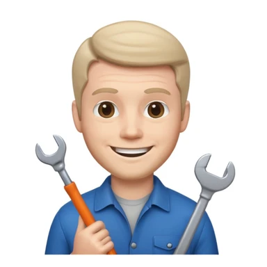 memoji style white man with a wrench, smiling, neutral background sticker