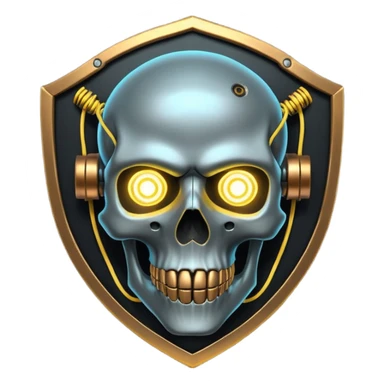 Cyberpunk shield, skull with cybernetic implants, glowing wires, dark electric silver and gold tones, no background sticker