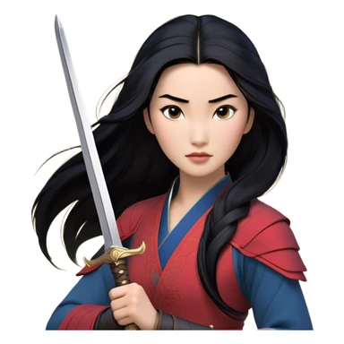 Cinematic Realistic Mulan Portrait, depicted with lifelike skin texture, soft natural lighting, and intricately detailed long black hair styled elegantly. Her deep, expressive eyes exude determination and grace, complemented by a serene yet confident expression. She stands with one hand resting on the hilt of her sword, the other by her side, exuding strength and poise. She is dressed in her classic attire, with rich fabric textures and delicate folds that catch the light beautifully. The portrait features a soft, enchanting glow with a natural, radiant finish, capturing the essence of timeless strength and beauty in a realistic and painterly style, evoking a sense of depth and authenticity. sticker