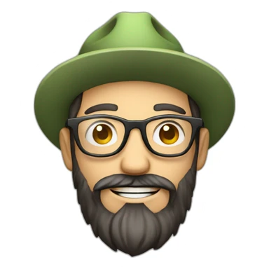 full body of an happy gardener face long dark beard and short dark hair with little transparent glasses and a hat sticker