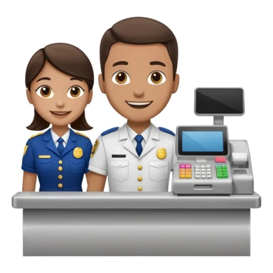 Supermarket employee at a cash register, full body, serving a man sticker