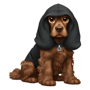 brown cocker spaniel wearing a black hoodie. The dog is viewing a laptop sticker