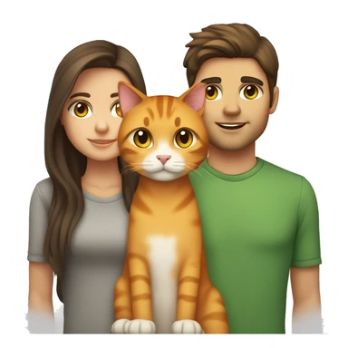 a brunette with long hair and brown eyes and her boyfriend with fluffy brown hair and brown eyes holding an orange cat with yellow eyes and a grey tabby cat with green eyes sticker