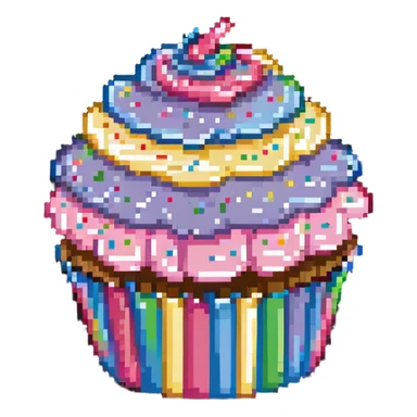 large cupcake with pink frosting and rainbow sprinkles in pixel art style sticker