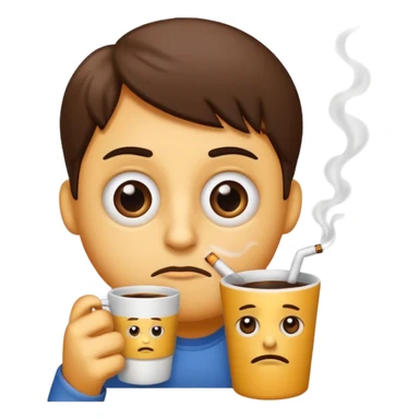 Create an emoji that is tired of life with big eye bags and annoyed. He needs to have a coffee and a used cigarette next to him or his hands  sticker