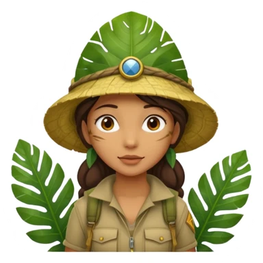 a young female explorer with jungle wearing a large leaf headgear bye and magnificer  sticker