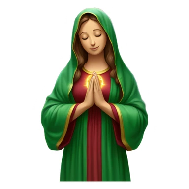 Virgin Mary: kind face looking down at the left, long brown hair, Wearing an emerald green  robe with gold stars and a burgundy red dress,  Hands in prayer or blessing. Halo around her head. standing in front of a big sun. colorful roses on the sides  sticker